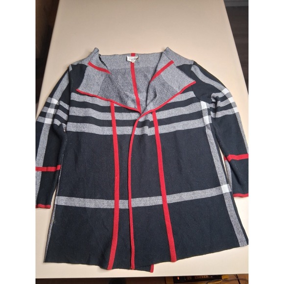 Joseph Ribkoff Women's Open Front Knit Jacket Plaid Navy Gray Red Size L - Picture 1 of 8